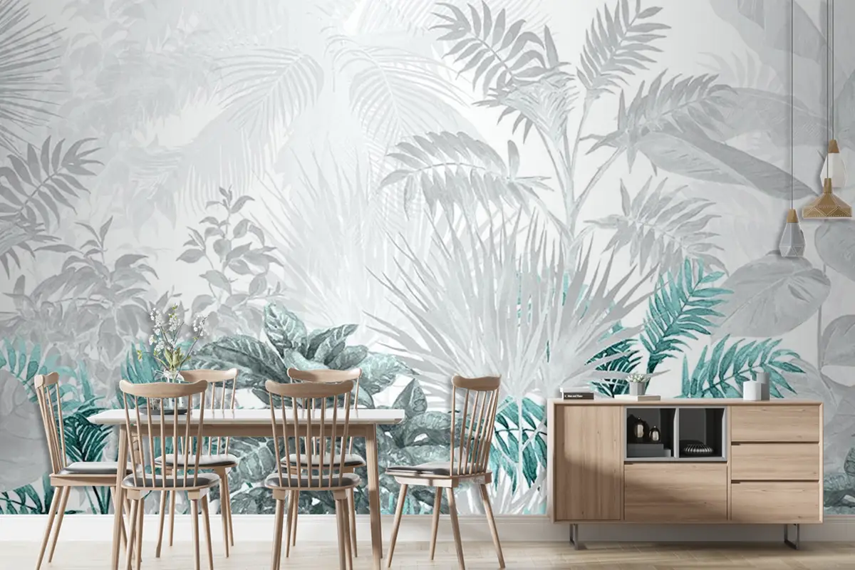 Turkuaz Tropikal Ağaçlar Ve Yapraklar Duvar Kağıdı