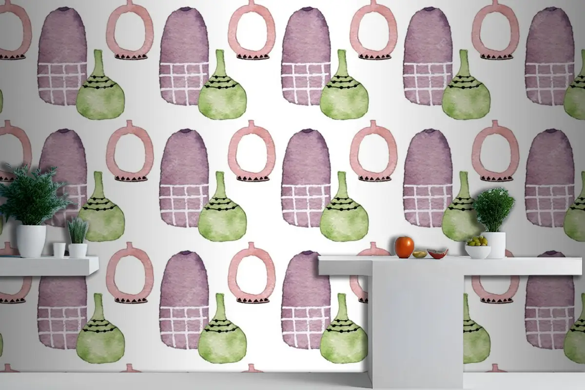 Sevimli Modern Seramik Çiçek Vazo Suluboya Dikişsiz Desen Mutfak Duvar Kağıdı