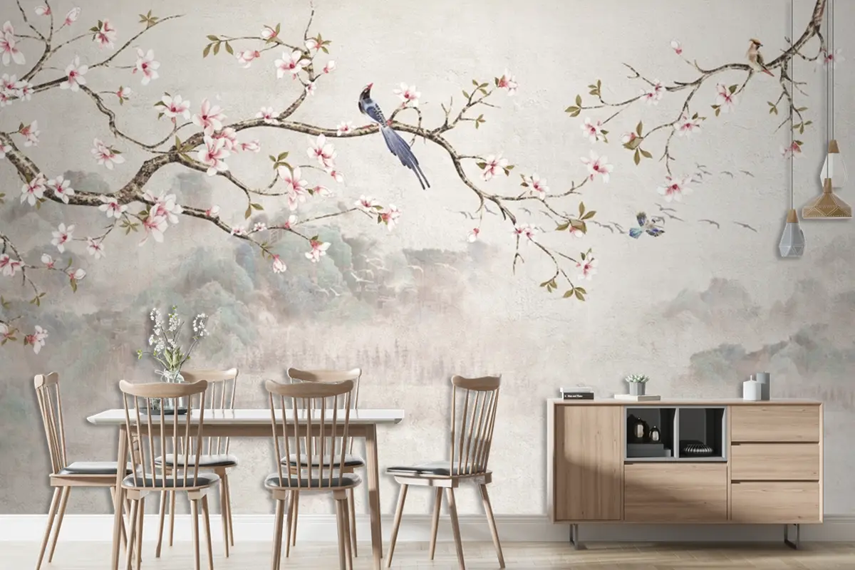 Kiraz Çiçeği Çiçekleri Ve Kuş Duvar Kağıdı  Ile Chinoiserie