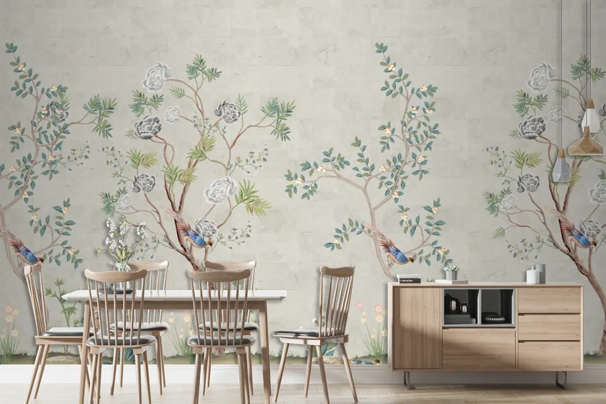 Bahar Sorunsuz Arka Plan Ağaç Ve Kuş Chinoiserie Güzel Duvar Kağıdı
