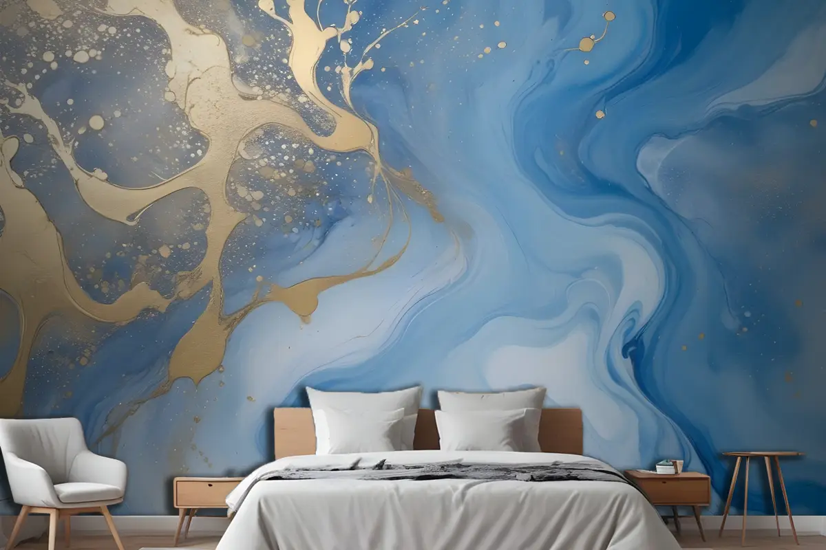 Soyut Mavi Ve Altın Sıvı Sanat Resim Yatak Odası Yatak Odası Duvar Kağıdı