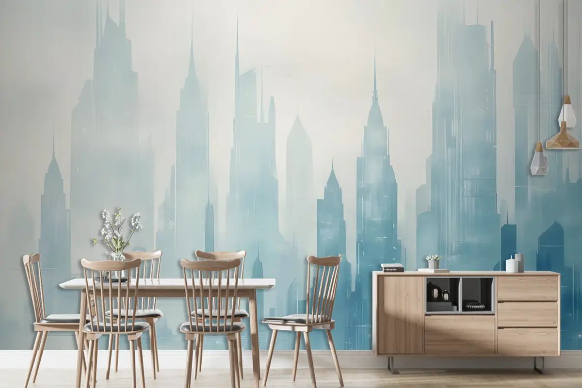 Soyut Mavi Tek Renkli Şehir Manzarası Duvar Kağıdı 
