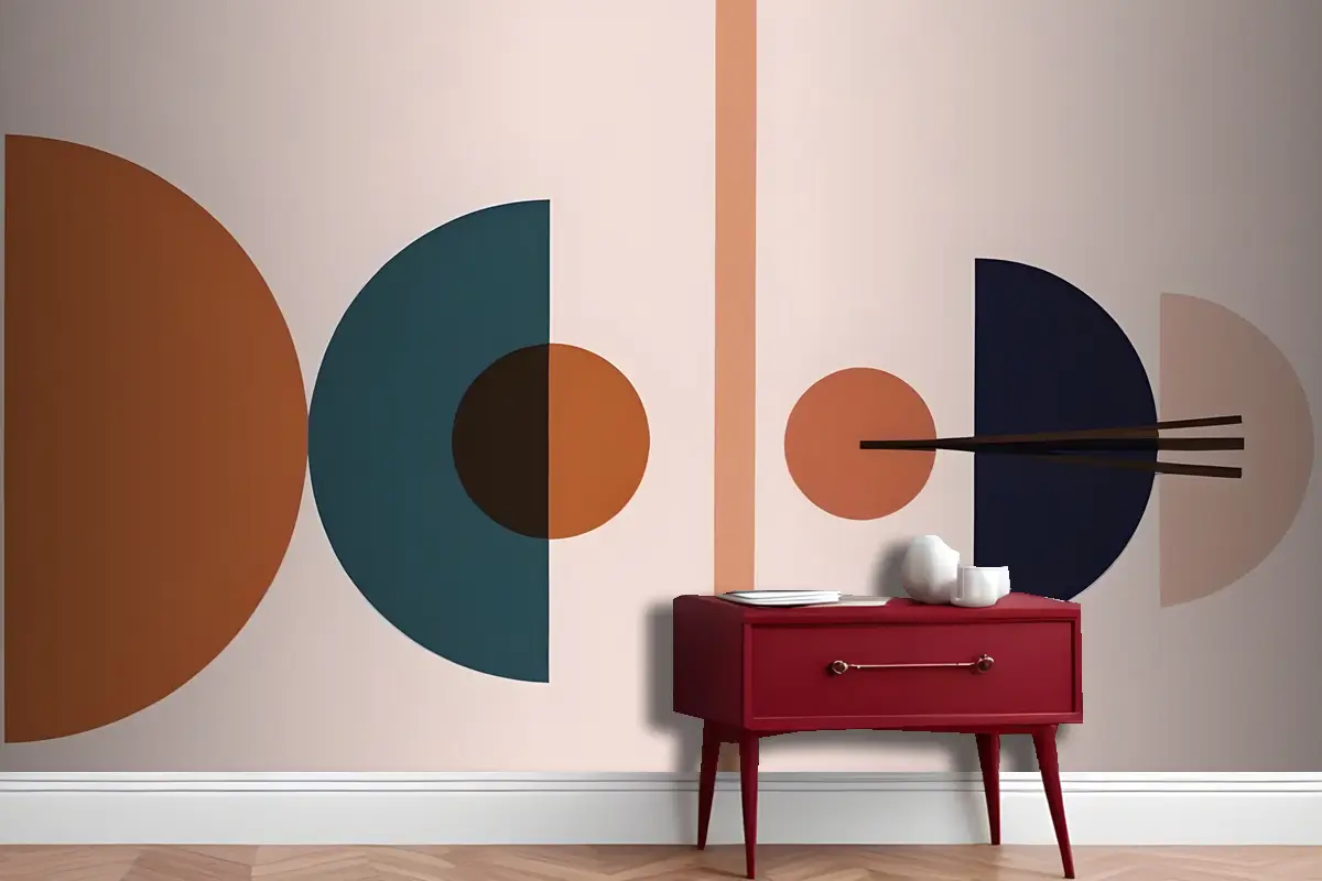 Açık Pembe Antre  Hol  Koridor Duvar Kağıdı Duvarına Karşı Mavi Turuncu Ve Kahverenginin Çeşitli Tonlarında Soyut Geometrik Şekiller