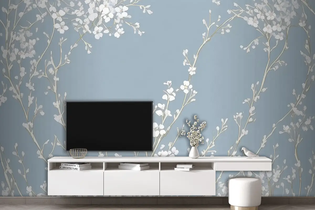 Açık Mavi Arka Planda Çiçek Deseni Tv Arkası Duvar Kağıdı