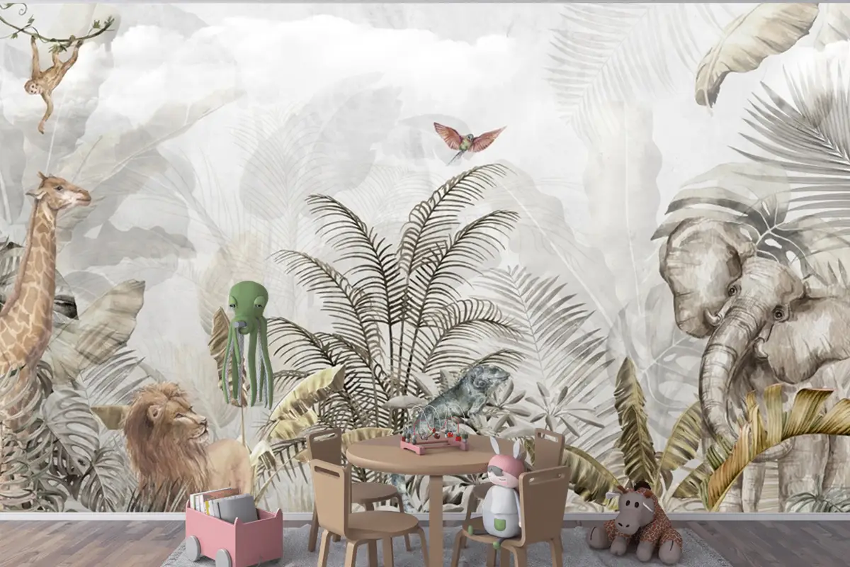 Altın Tropikal Safari Hayvanları Çocuk Odası Duvar Kağıdı Altın Tropikal Safari Hayvanları Çocuk Odası Duvar Kağıdı