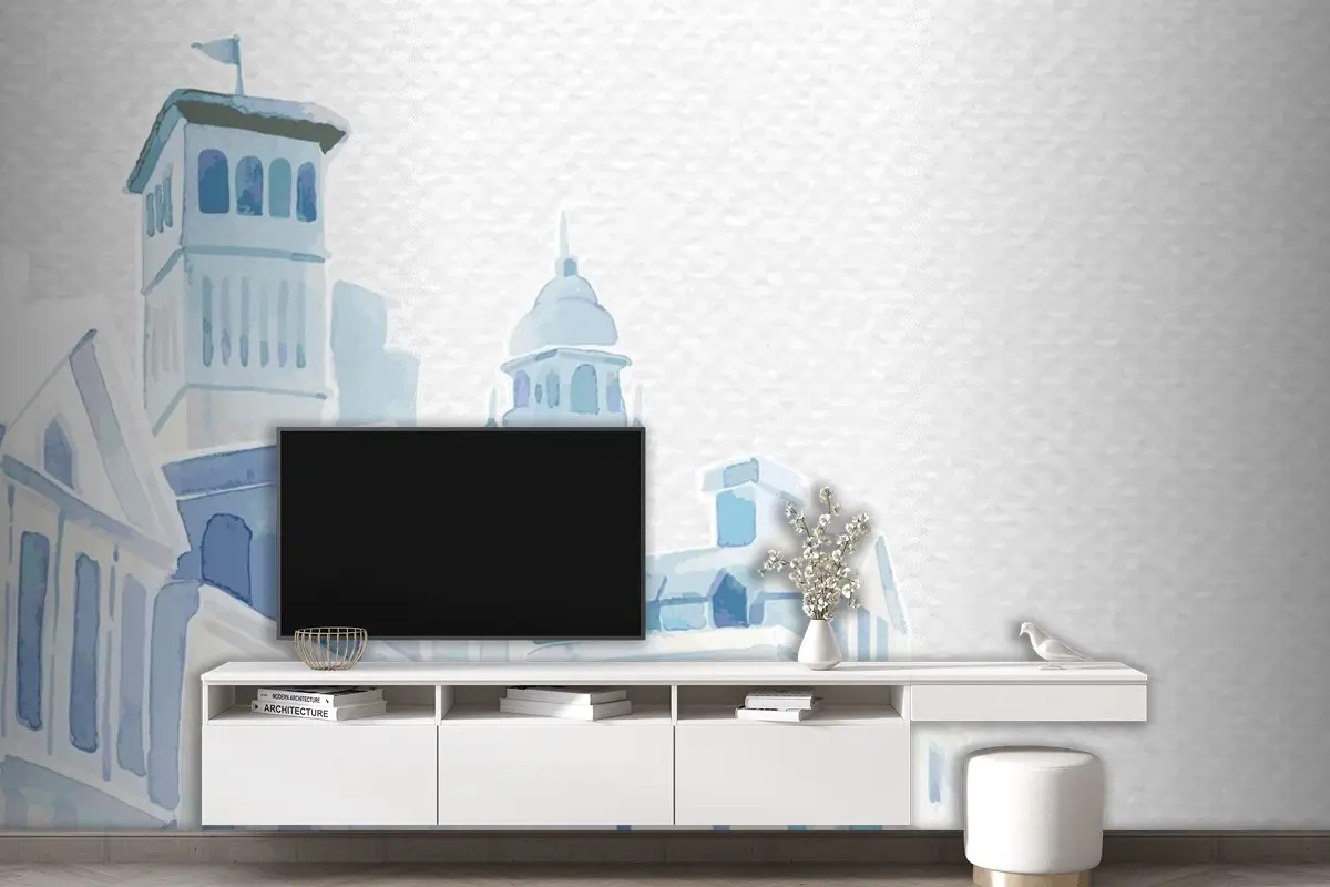 Beyaz Kağıt Dokulu Oturma Odası Duvar Kağıdı Üzerine Suluboya Mimari Akdeniz Yapıları