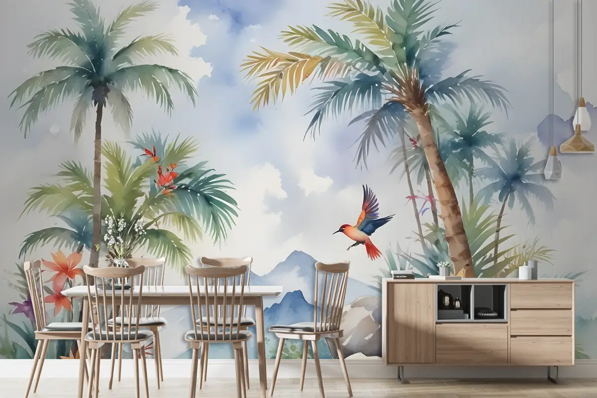 Sanat Resim Renkli Manzara Kuşlar Duvar Kağıdı 