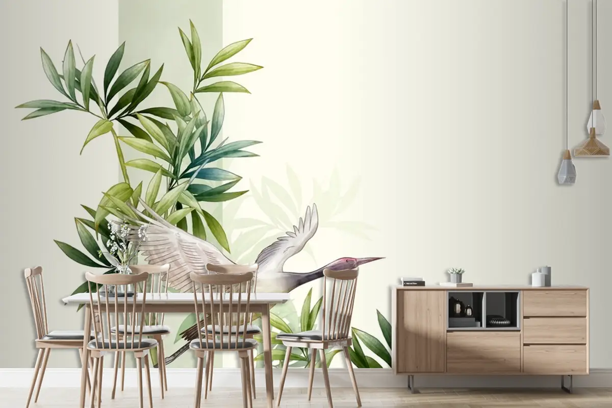 Asya Çiçek Suluboya Kuşlar Duvar Kağıdı