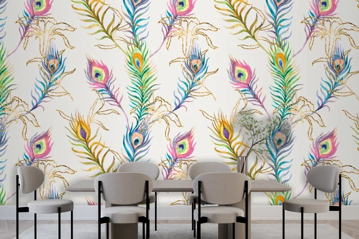 Tavus Kuşu Tüyü Renkli Suluboya Desen Yemek Odası Duvar Kağıdı Duvar Arka Planı