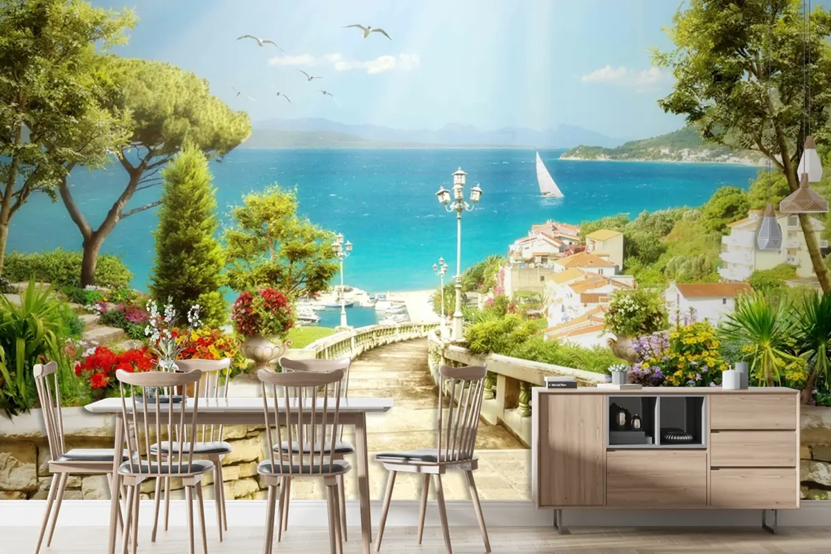 Bahçe Manzarası Fresk Eski Şehir Deniz Çiçekler Bahar Duvar Kağıdı