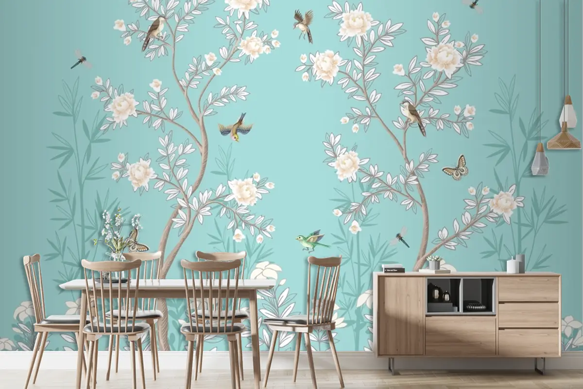 Şakayık Ve Kuşlarla Chinoiserie  Turkuaz Duvar Kağıdı