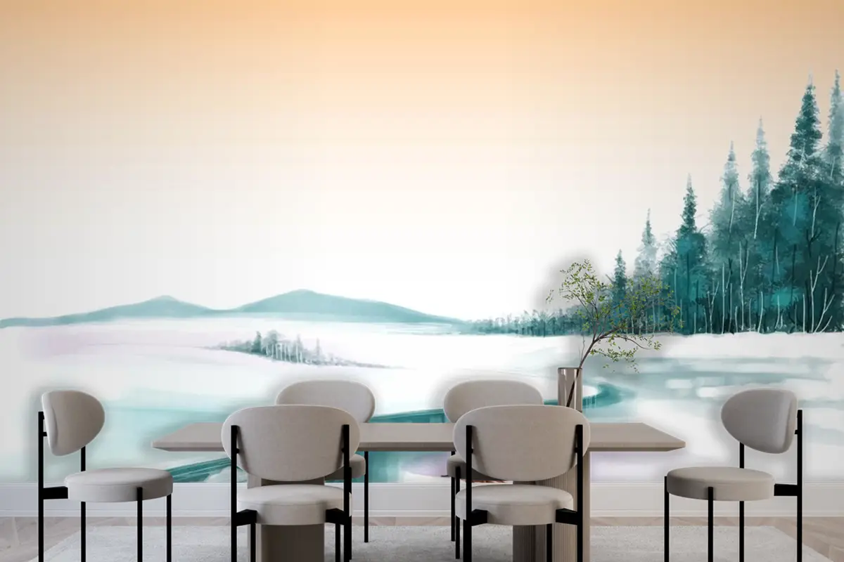 Kışın Güzel Noel Ağacı Manzara Kartı Yemek Odası Duvar Kağıdı