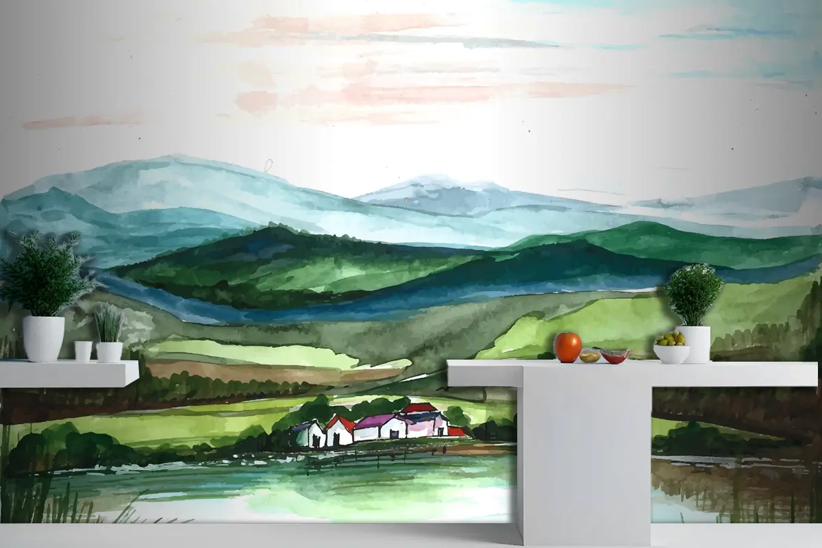 Güzel Manzara Dağ El Çizim Mutfak Duvar Kağıdı