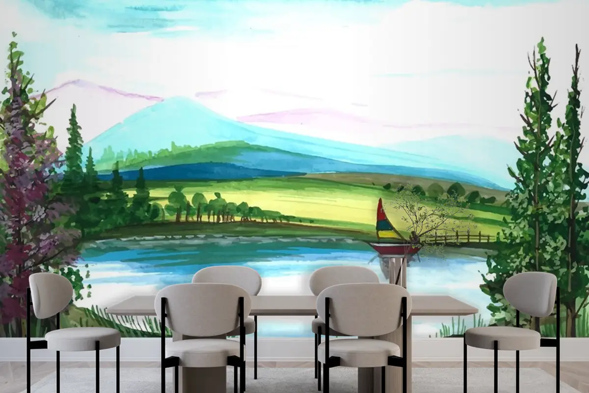 Güzel Doğa Manzarası El Çizimi Suluboya Yemek Odası Duvar Kağıdı