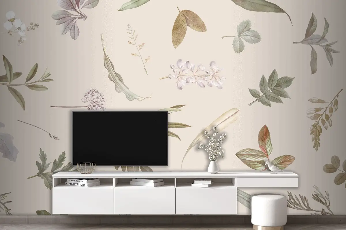 Bej Zemin Üzerine Yaprak Deseni Tv Arkası Duvar Kağıdı