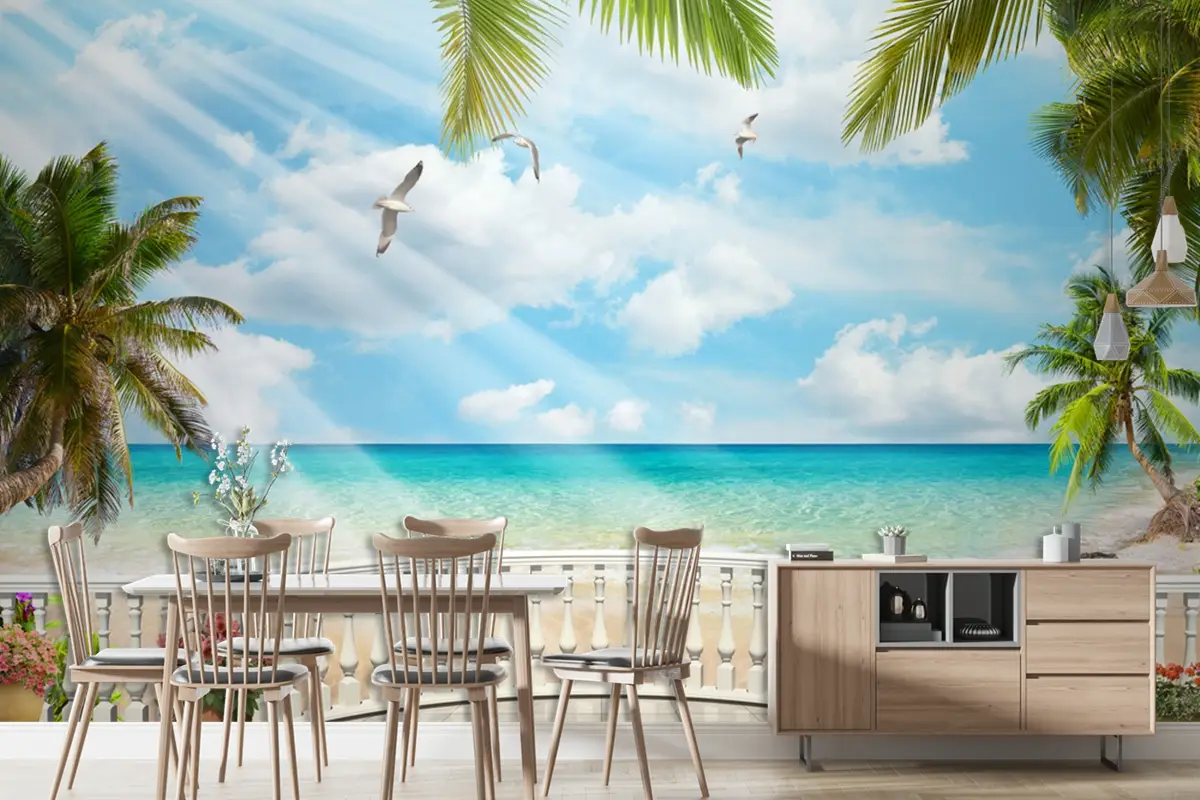 Beyaz Balkon Ve Mavi Deniz Duvar Kağıdı