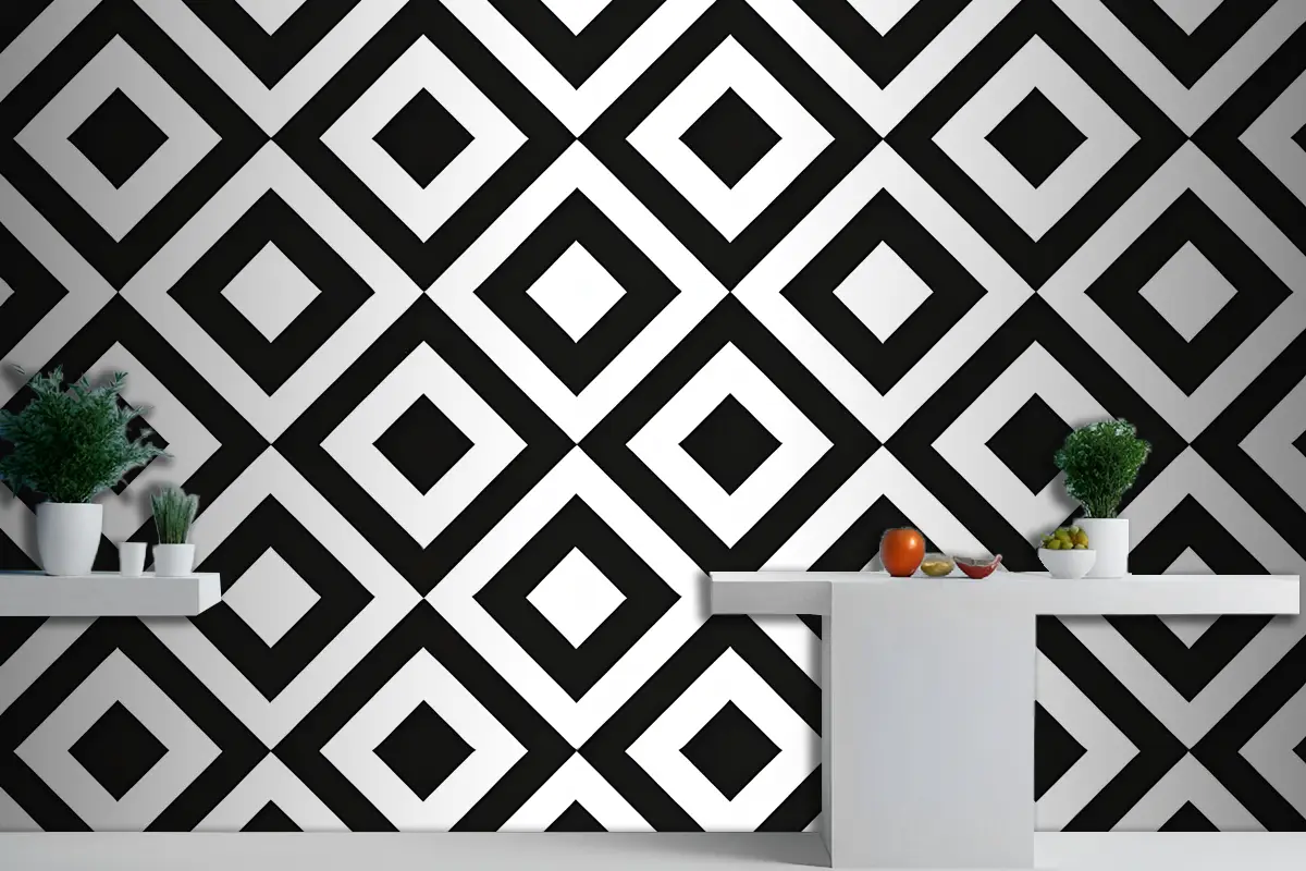 Siyah & Beyaz Elmas Desenli Mutfak Duvar Kağıdı