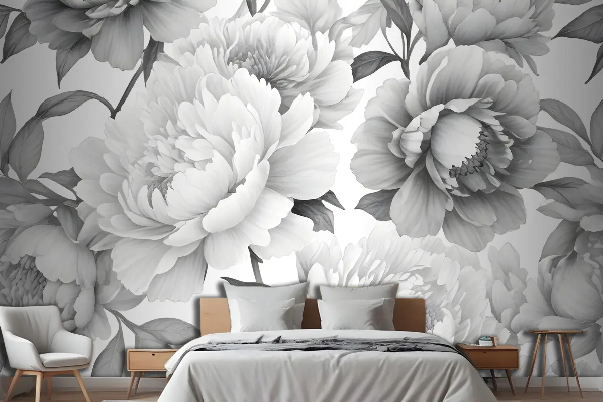 Büyük Yemyeşil Ile Siyah Beyaz Çiçek Desenli Yatak Odası 