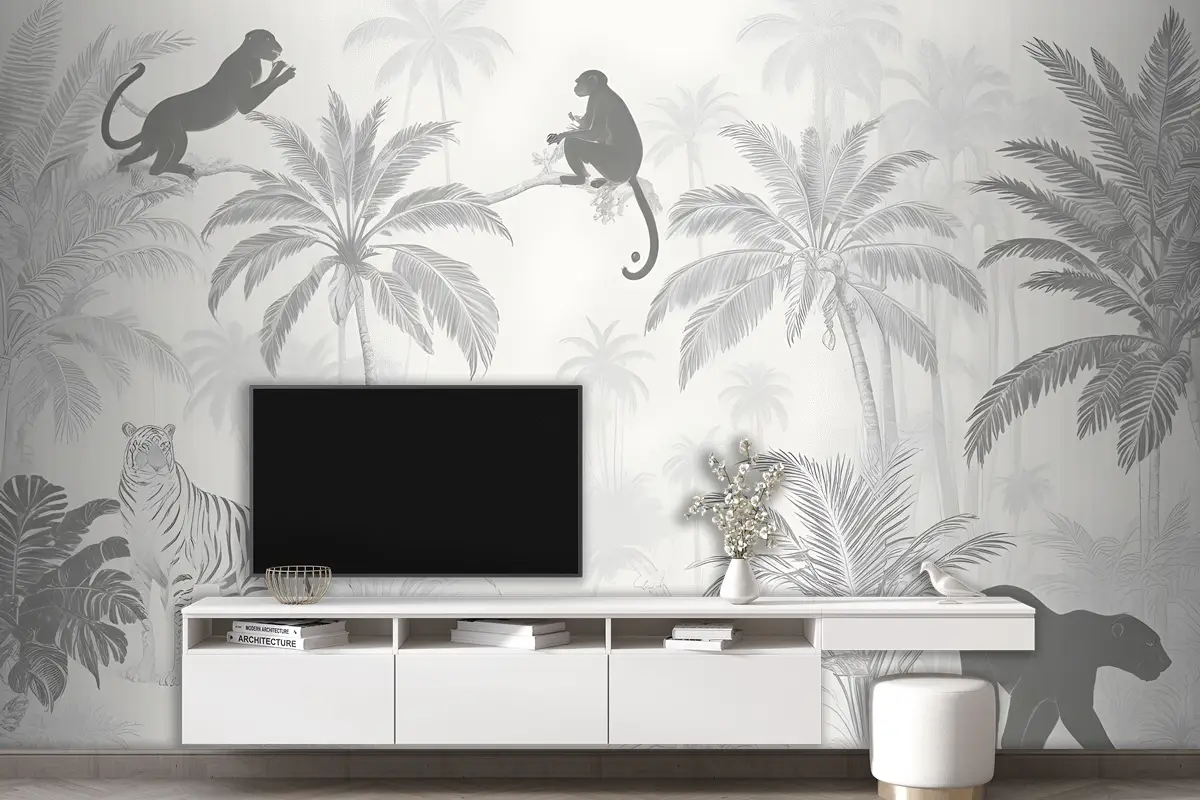 Siyah Beyaz Orman Palmiye Ağaçları Çiçekler Hayvan Siluetleri Oturma Odası Salon Duvar Kağıdı
