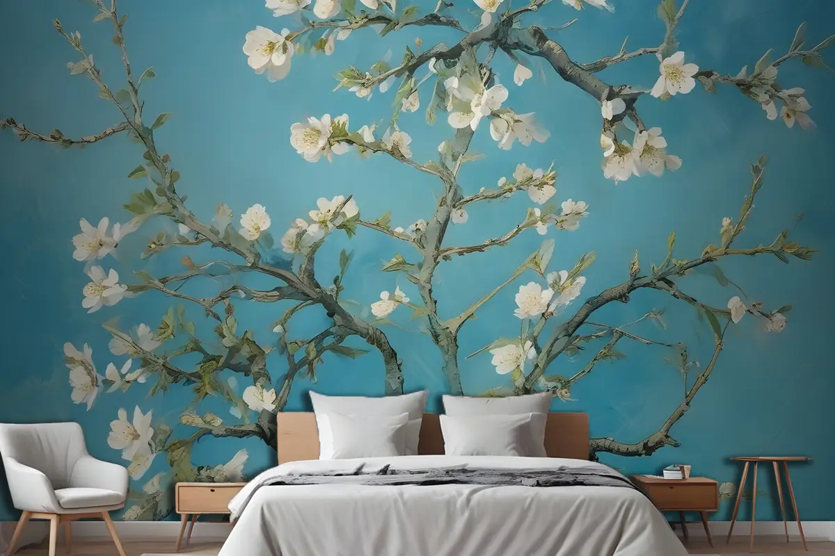 Mavi Gökyüzüne Karşı Çiçek Açan Badem Ağacı Dalları Yatak Odası Duvar Kağıdı