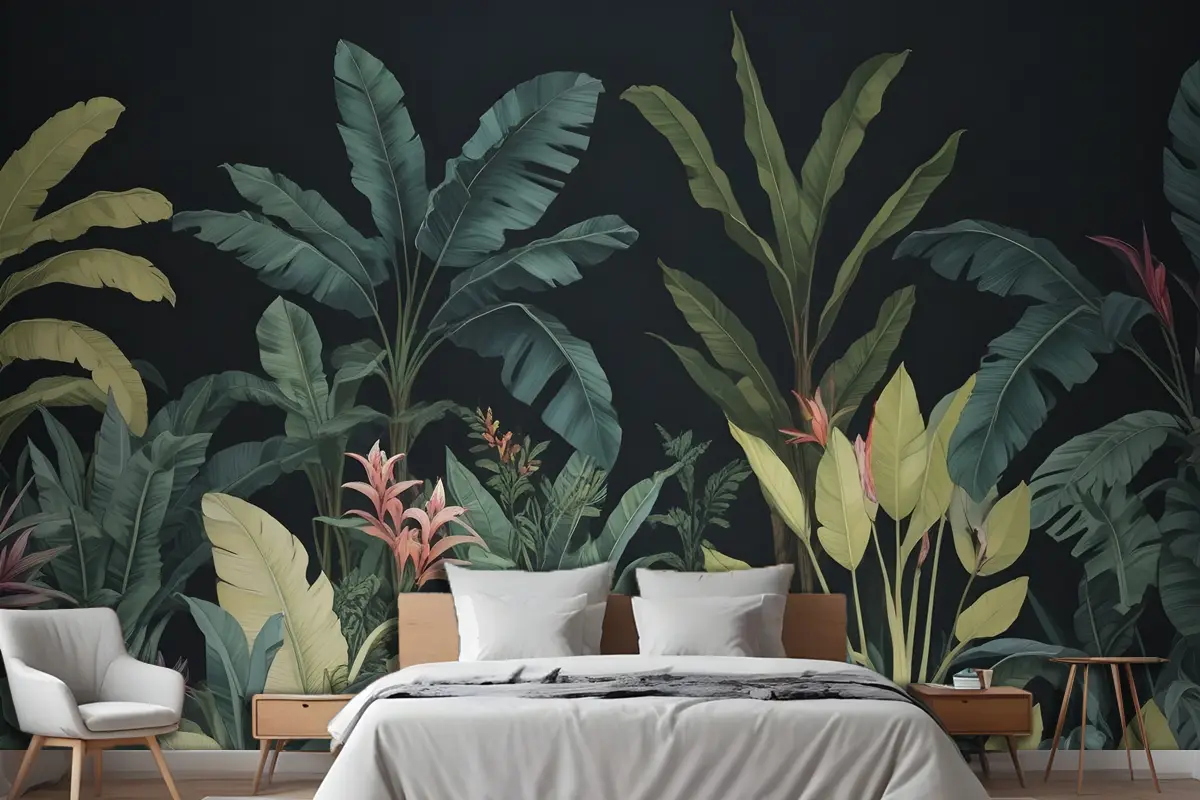 Mavi Ve Yeşil Koyu Tropikal Yatak Odası Duvar Kağıdı