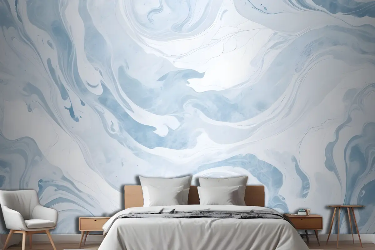 Mavi & Beyaz Mermerize Yatak Odası Duvar Kağıdı