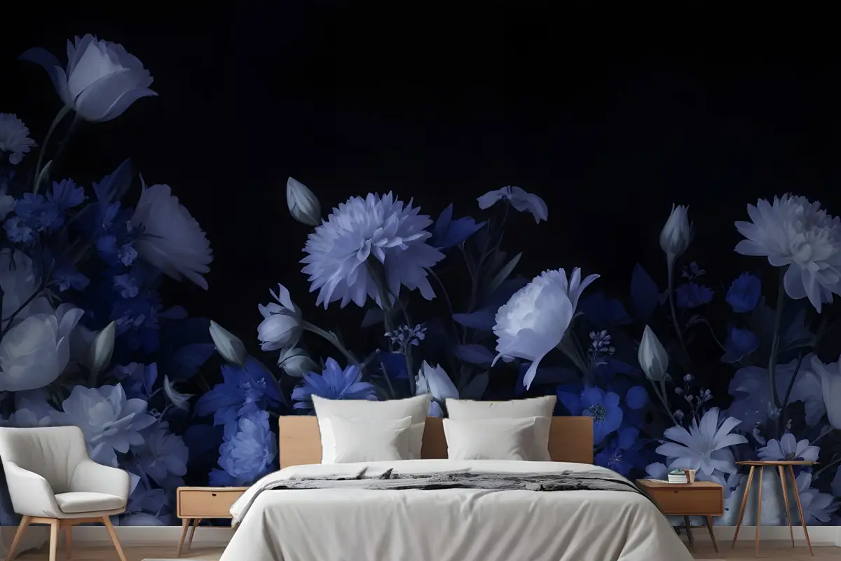 Mavi Delft Koyu Çiçek Sanatı Resim Yatak Odası Duvar Kağıdı