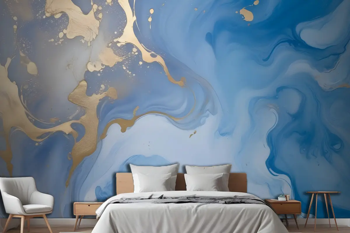 Sıçrama Yatak Odası Duvar Kağıdı  Ile Mavi Altın Görünümlü Mermer