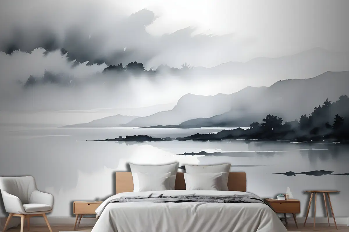 Mavi Gri Suluboya Göl Manzarası Yatak Odası Duvar Kağıdı