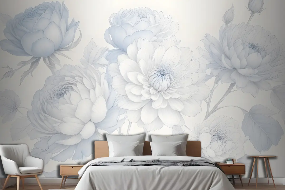 Mavi Büyük Resimli Güller Yatak Odası Duvar Kağıdı