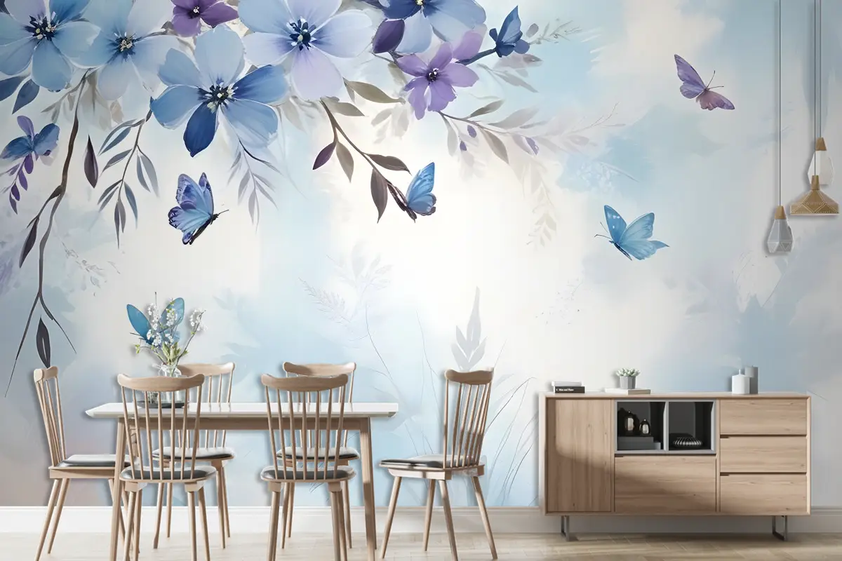 Küçük Kelebekli Mavi Mor Çiçek Duvar Kağıdı