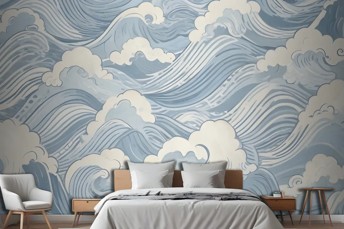Mavi Dalgalar Yatak Odası Duvar Kağıdı