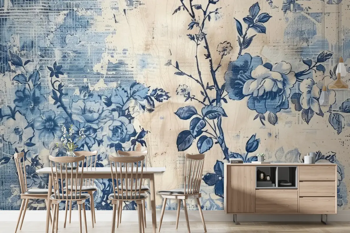 Mavi Beyaz Duvar Kağıdı Duvarında Mavi Beyaz Çiçek Baskısı Var
