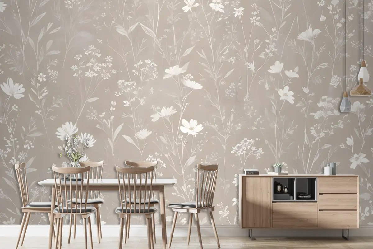 Bohem Stili Nötr Renk Kır Çiçekleri Sanat Duvar Kağıdı 