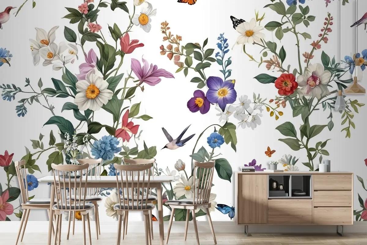 Botanik Çiçekler Kuşlar Duvar Kağıdı  Ile Çiçekli