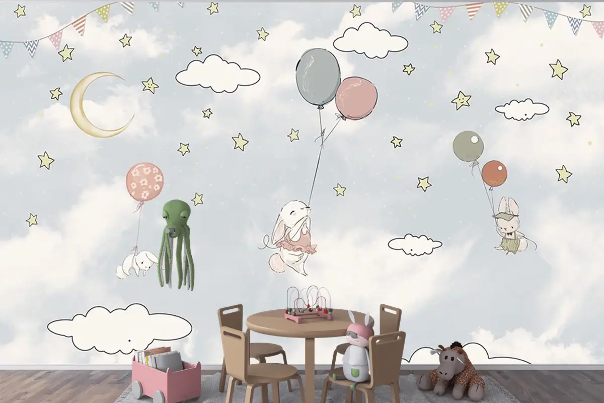 Bulutlar Arasında Balonlar Ve Tavşanlar Çocuk Odası Duvar Kağıdı