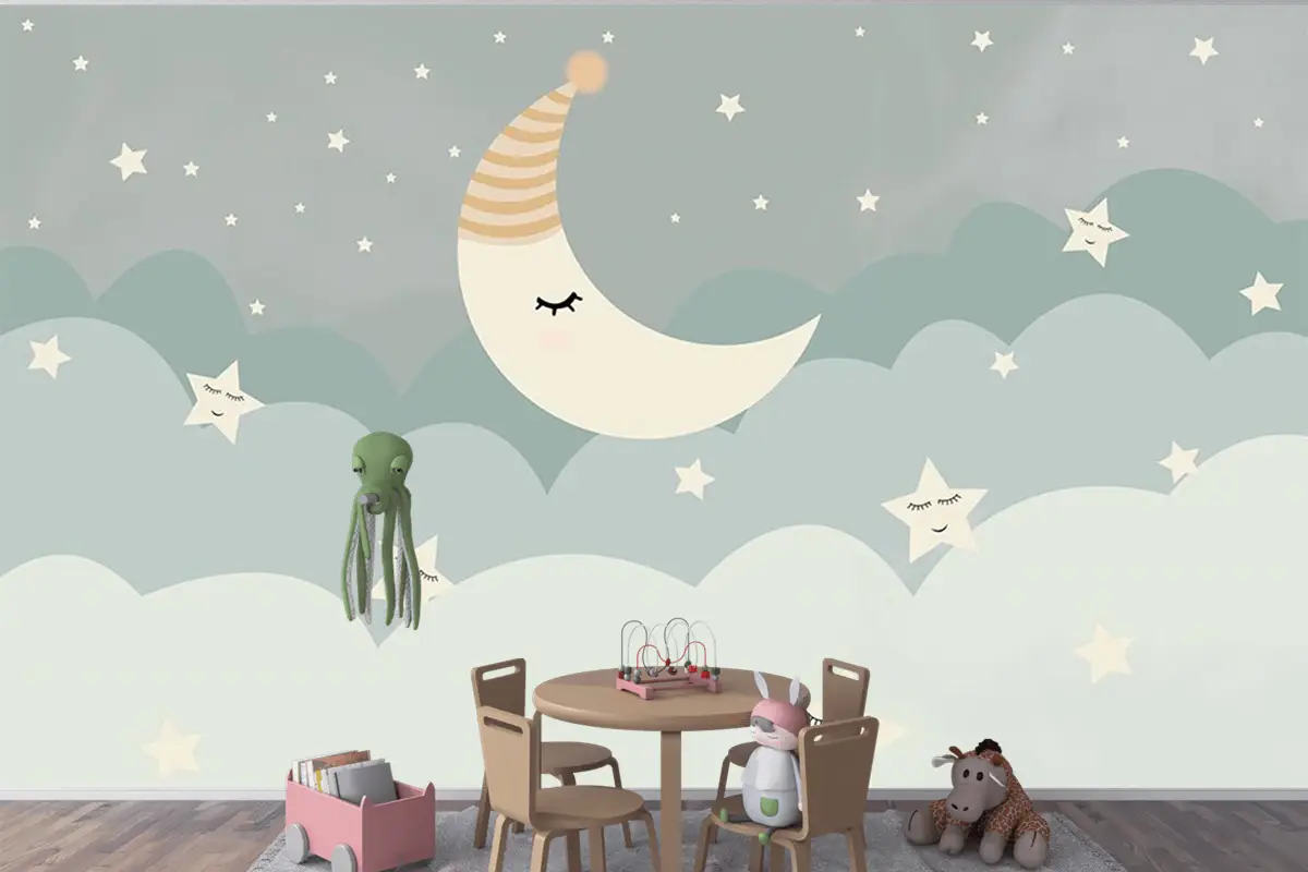 Bulutlar Ay Ve Yıldızlar Çocuk Odası Duvar Kağıdı
