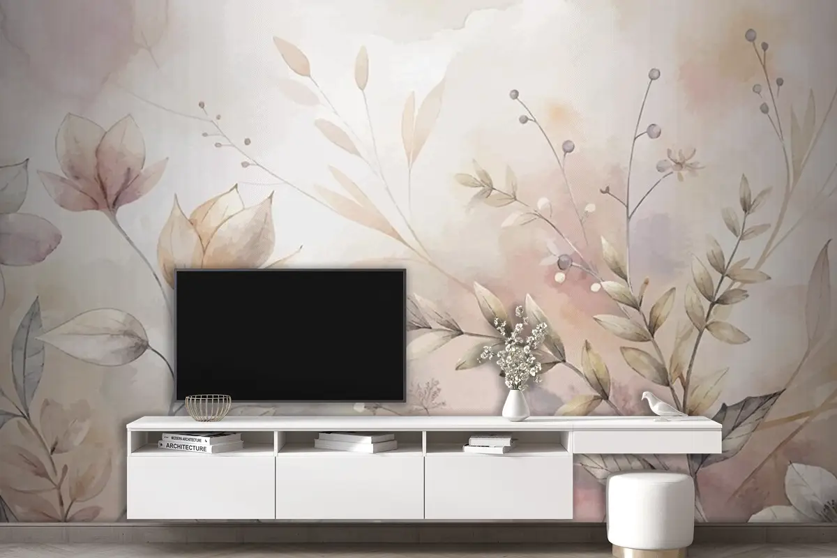 Çiçekli Suluboya Silüet Arka Planı Tv Arkası Duvar Kağıdı