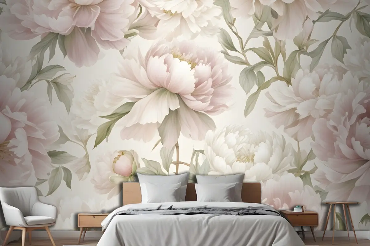 Büyük Çiçek Desenli Yakın Çekim Görünümü Yatak Odası Duvar Kağıdı