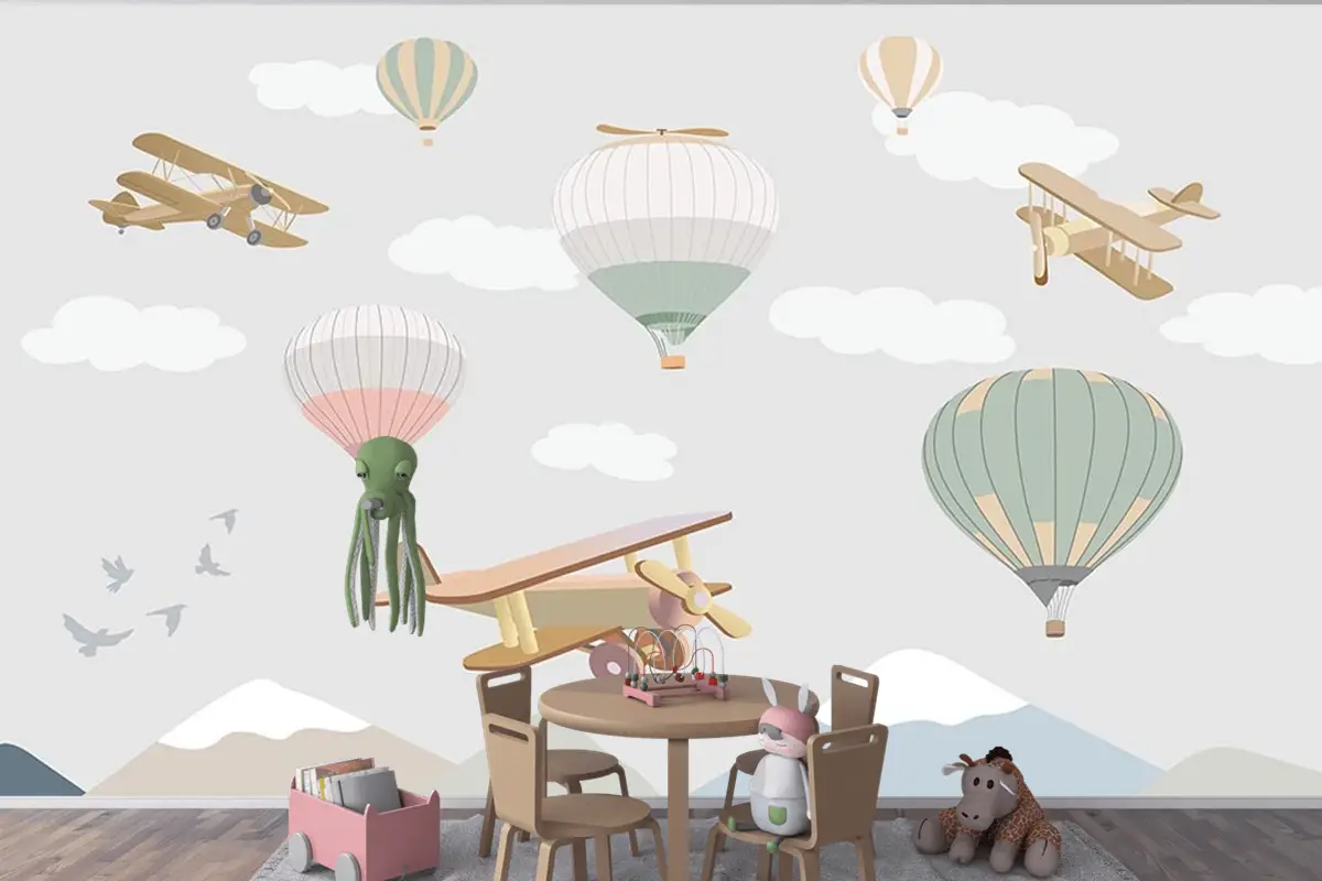 Çocuk Odası Duvar Kağıdı Bulutlar Üzerinde Uçaklar Ve Uçan Balonlar