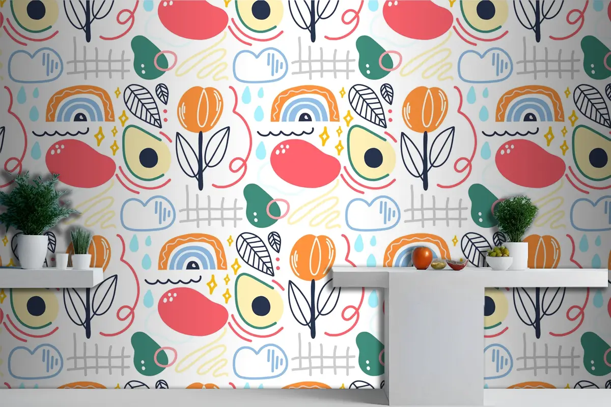 Renkli Soyut Organik Şekiller Mutfak Duvar Kağıdı 