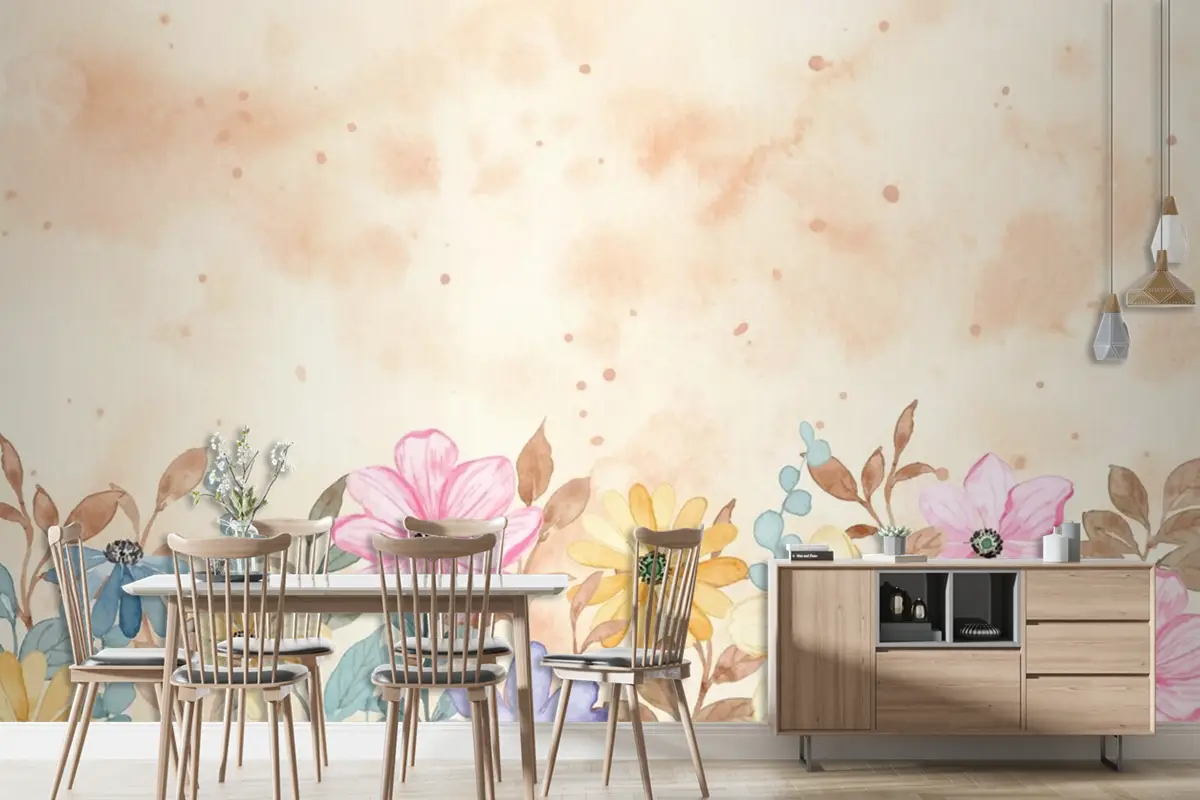 Renkli Çiçekli Bahçe Arkaplanı Suluboya Duvar Kağıdı 