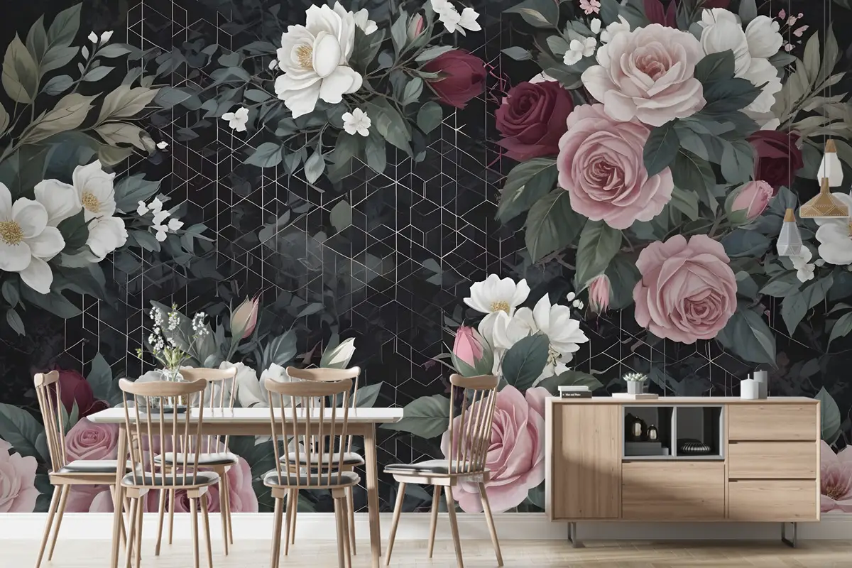 Koyu Geometrik Desenli Renkli Çiçek Duvar Kağıdı