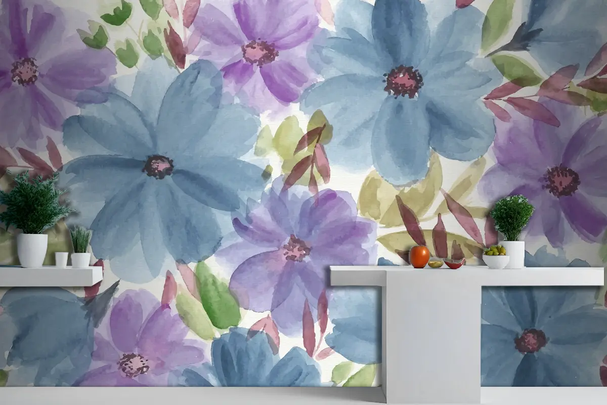 Renkli Suluboya Çiçek Mutfak Duvar Kağıdı