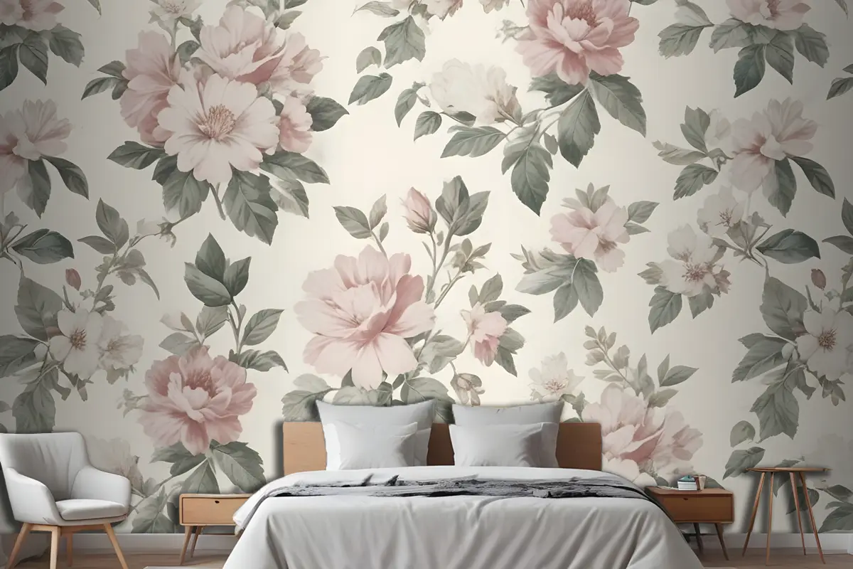 Krem & Pembe Gül Vintage Çiçek Yatak Odası Duvar Kağıdı