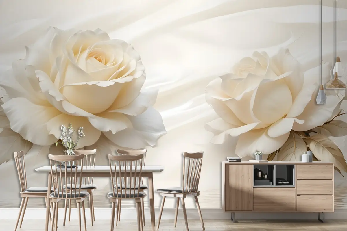 Krem Gül Çiçek Su Desenli Duvar Kağıdı