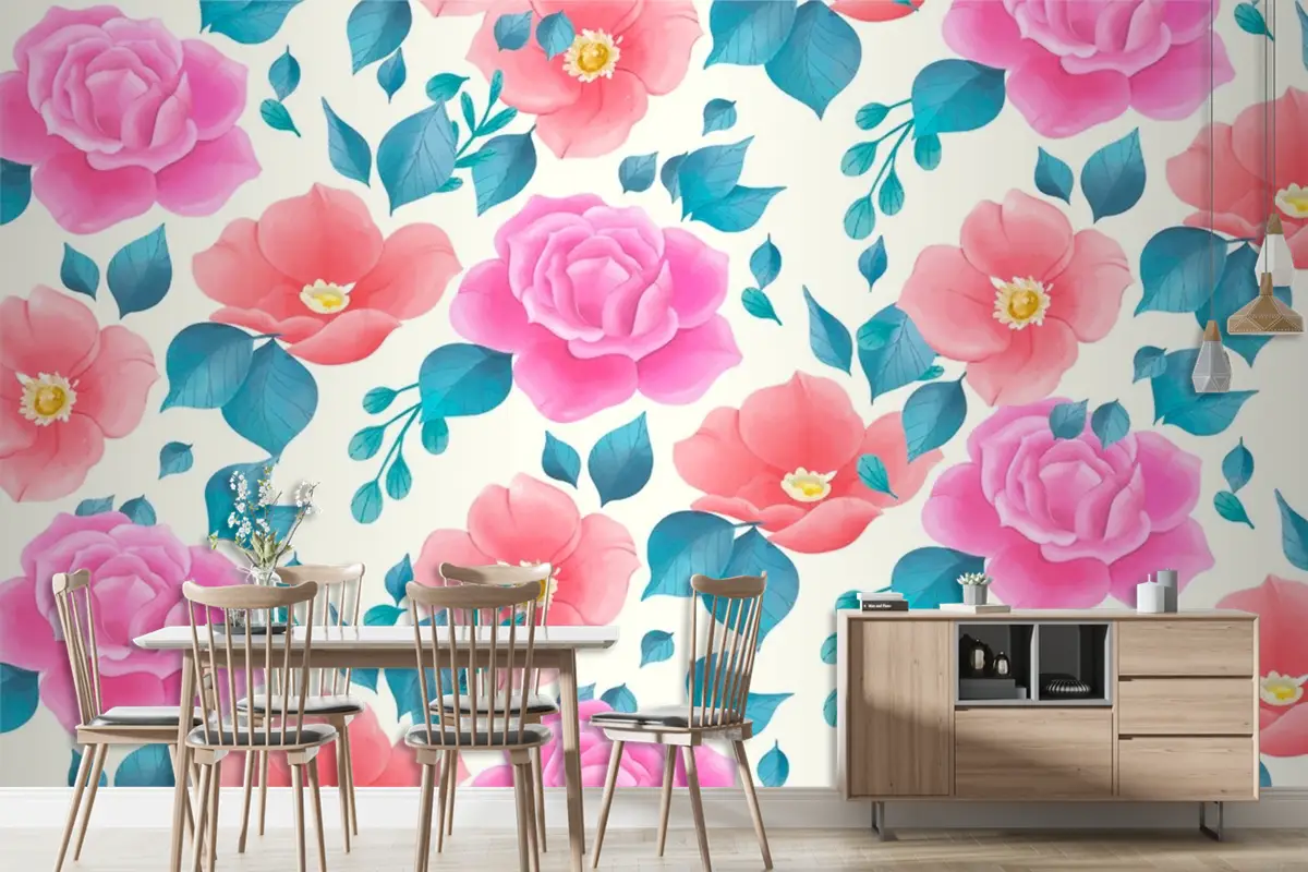 Gül Çiçekleri Ile Sevimli Suluboya Çiçek Desenli Duvar Kağıdı