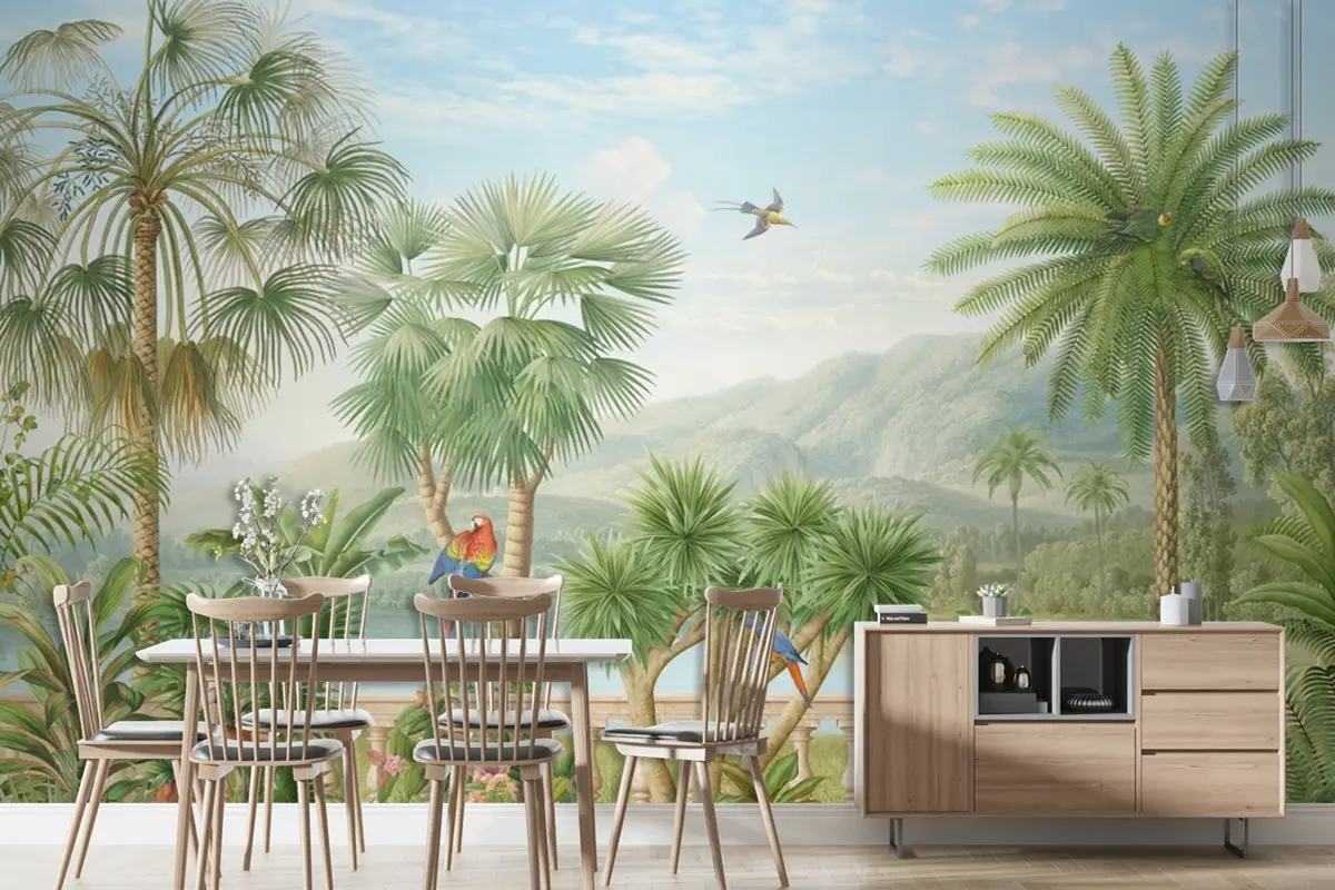 Dağlar Papağanlar Tropik Manzara Duvar Kağıdı