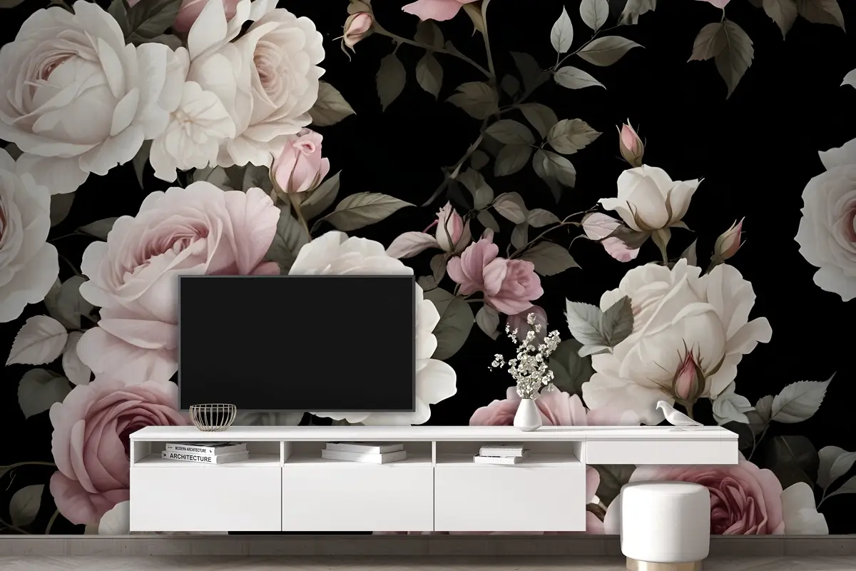 Koyu Arka Plan Büyük Pembe Beyaz Güller Yeşil Yapraklar Oturma Odası Salon Duvar Kağıdı
