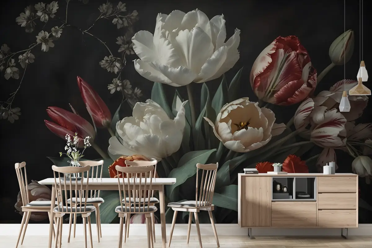 Laleli Koyu Çiçek Hollanda Buketi Duvar Kağıdı